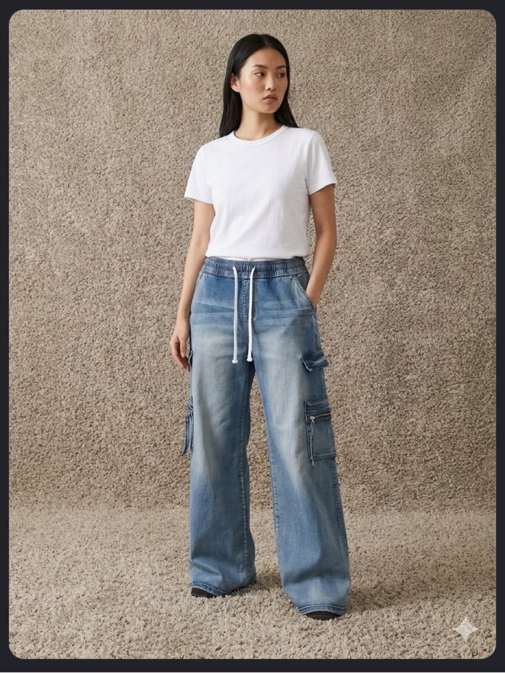 V.I.P Women's Denim Cargo Pants With Elastic Waistband & Drawstring Size 13/31